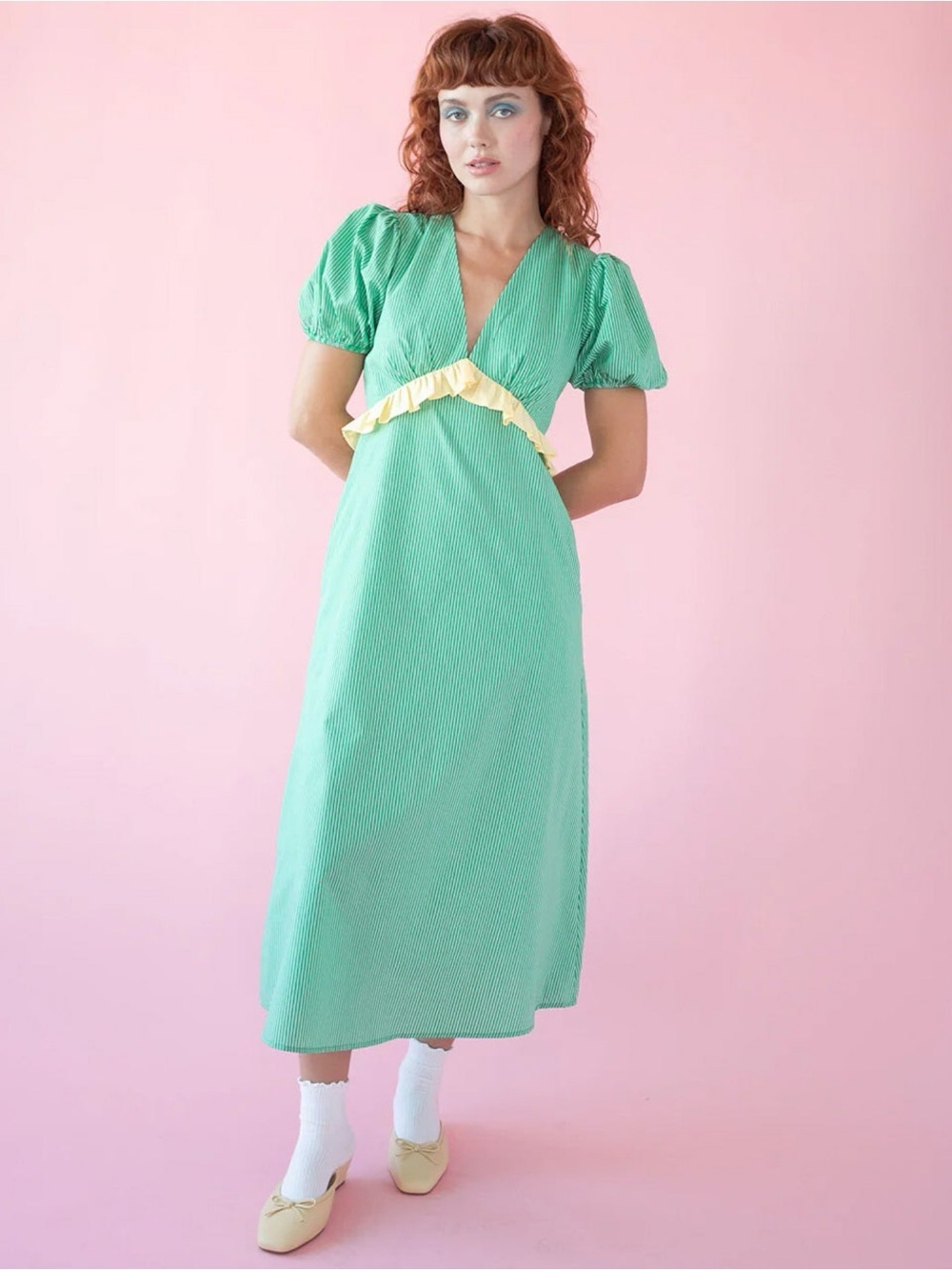 NWT Lisa Says Gah Emma  V-Neck Midi Dress in Seafoam Green Stripes Large